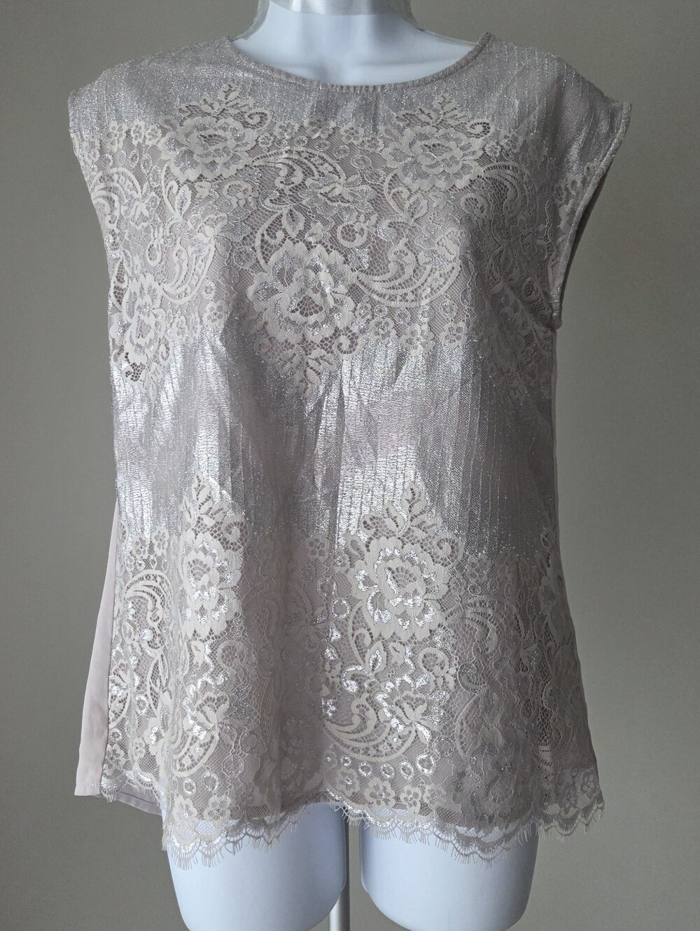Oasis Lace Overlay Cap Sleeve Top - Light Beige/silver Sz.10